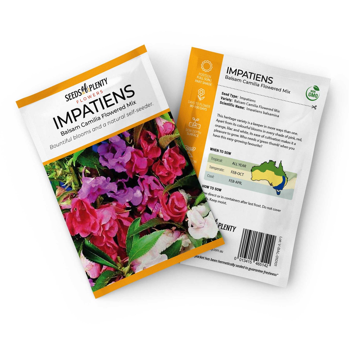 IMPATIENS - Balsam Camilia Flowered Mix Seed Packet - Impatiens balsamina