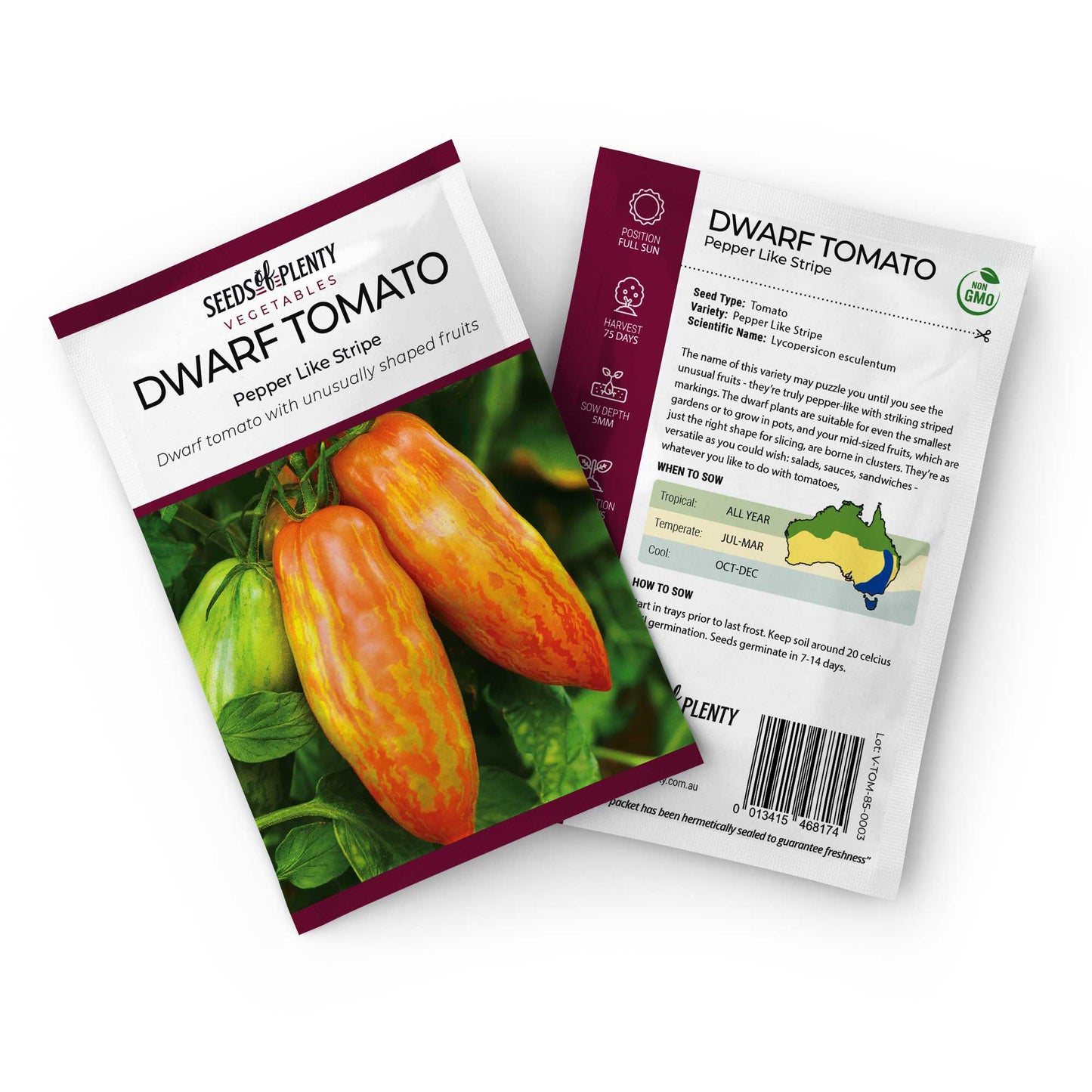 DWARF TOMATO - Pepper Like Stripe Seed Packet - Lycopersicon esculentum